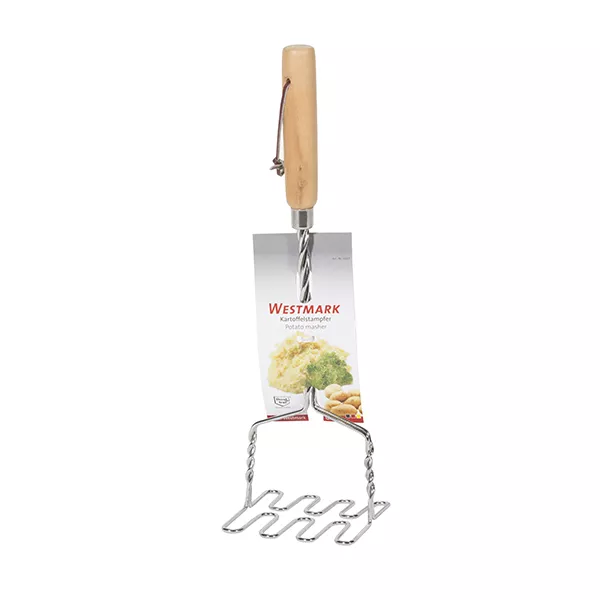KARTOFFELPRESSE AUS EDELSTAHL MIT HOLZGRIFF 10x9,5x36 cm.
