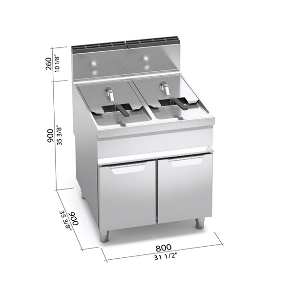 GAS-FRITEUSE 2 TANKS 20+20 lt BERTO'S MAXIMA 900 LINIE AUF SCHRANKBASIS ABM. cm.80x90x90H 2